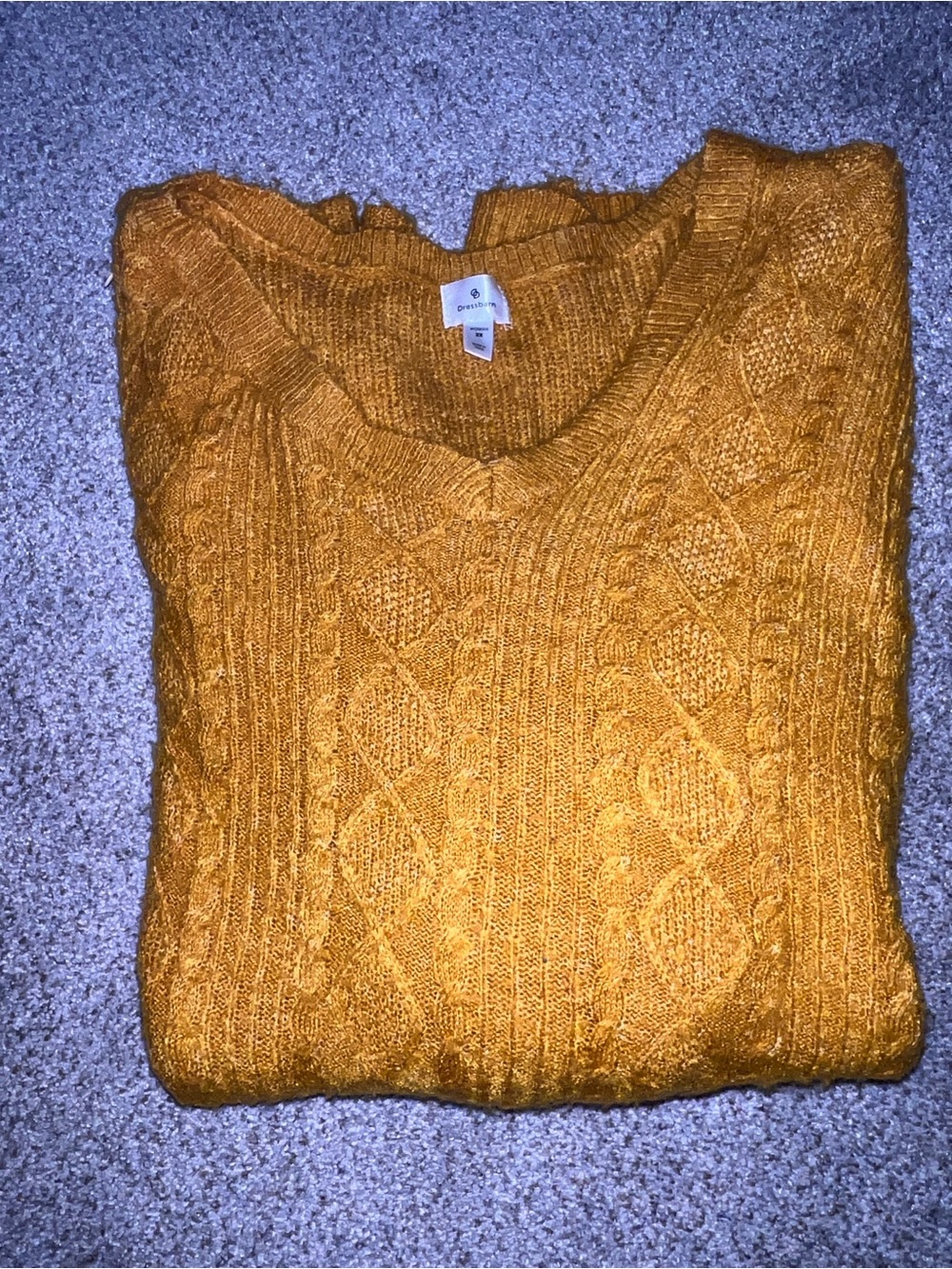 dressbarn Mustard Cable Knit V-Neck Sweater